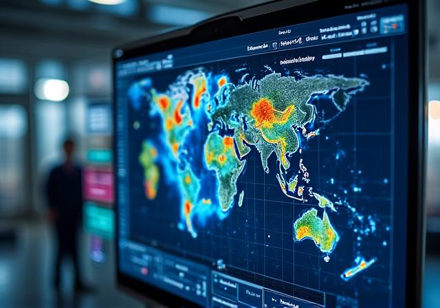 Futuristic weather forecasting dashboard showing global atmospheric patterns
